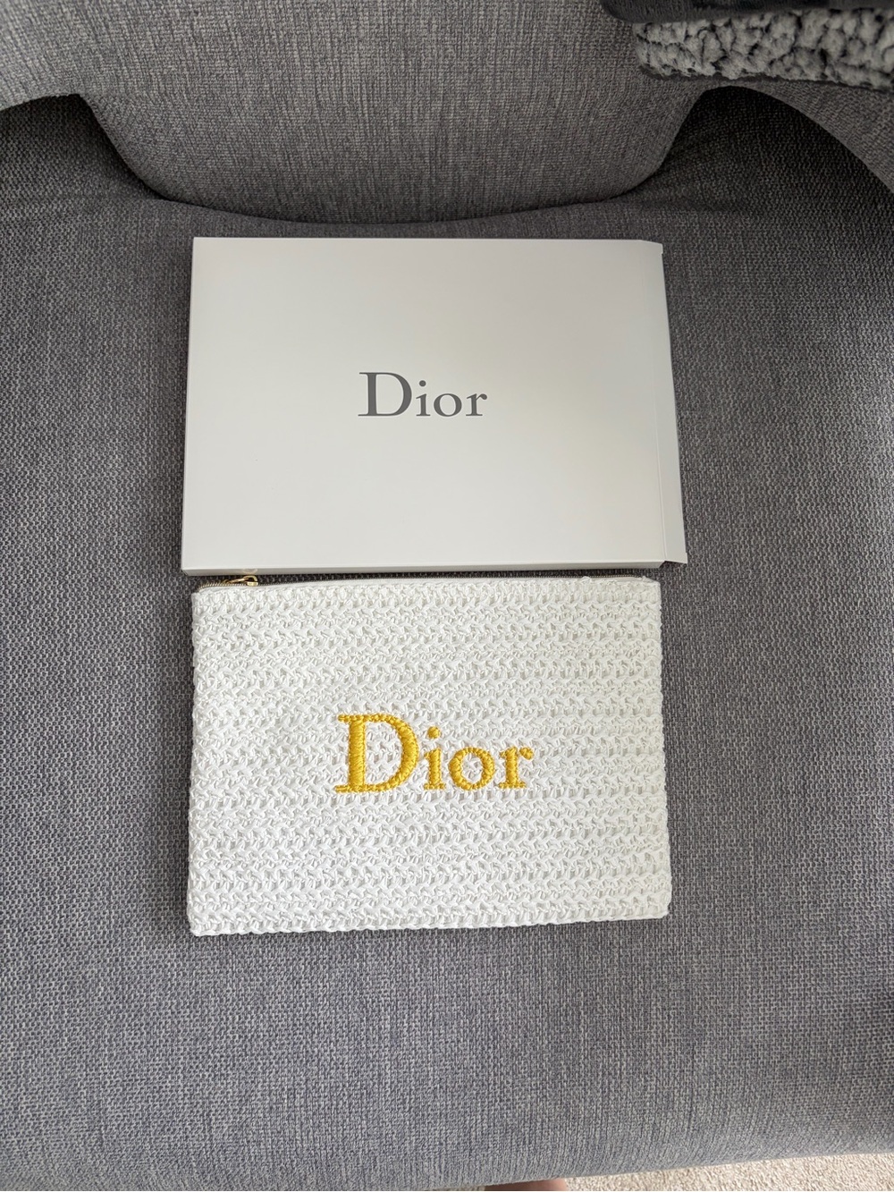 Dior White Woven Pouch with Yellow Logo and Gold Hardware